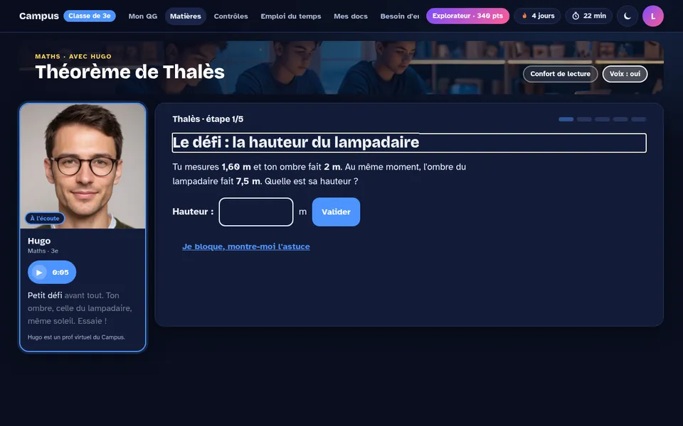 Une séance : Un défi, des exercices qui réagissent à ses erreurs.